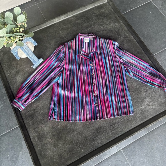 Vintage Allison Daley Striped Blouse | Size 12P | 90s with Shoulder Pads - Picture 1 of 6